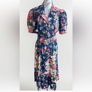 vintage 80s ED Michaels cottage blue pink floral print western floral dress